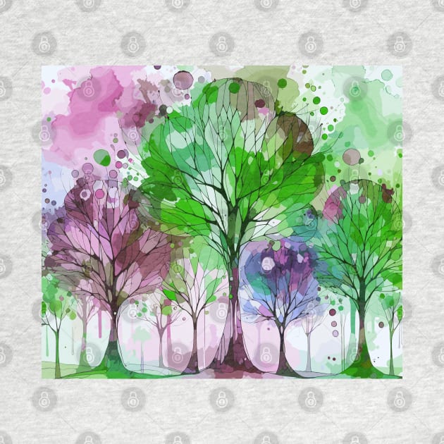 Colorful Green Coral Pink Abstract Trees by Siha Arts